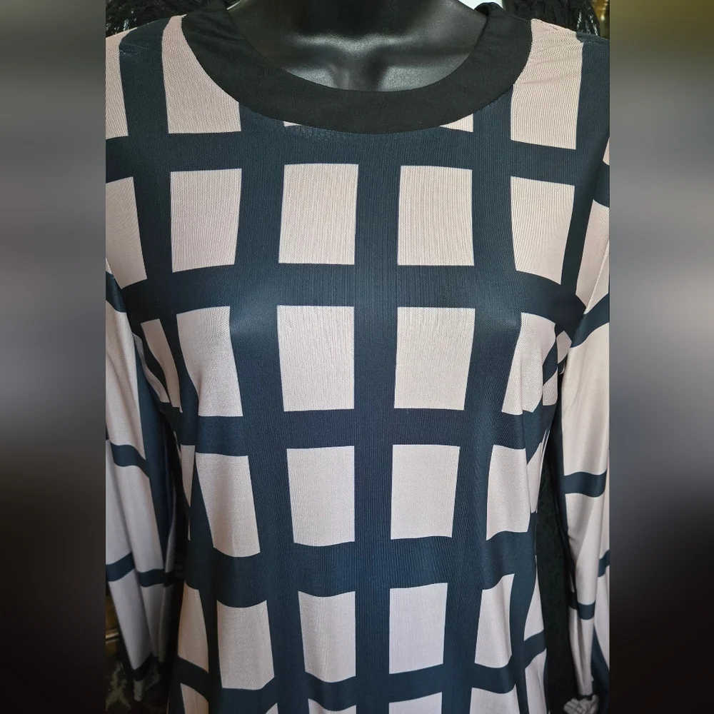 Left Or Right Elegant Black & Cream Grid Pattern Mesh/sheer Dress SzL NWOT - Picture 8 of 9
